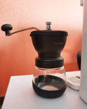 Load image into Gallery viewer, Pasenhome Hand operated grinders,manual coffee bean grinder with ceramic cone burr mill, 1 glass jar with ceramic burrs, suitable for drip coffee, Turkish beer, espresso, French press, family trip or camping