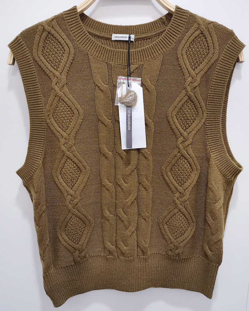 TIEGUODUN pullover sweater,Women Knit Sweater Vest with Shirt Crewneck Hollow Trendy Solid Color Sweater Vest Fashion Casual Sleeveless Vest Top(brown)