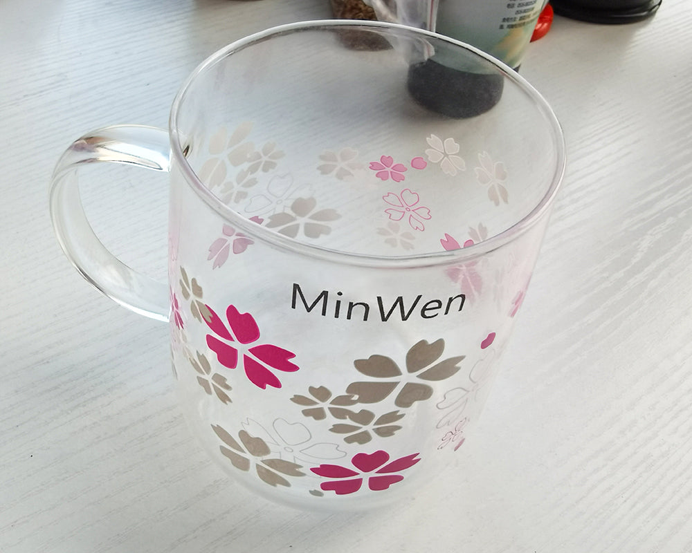 MinWen glass, borosilicate glass with cute flowers with handle for tea, latte, espresso, juice, milk (310ml, 10.1OZ)