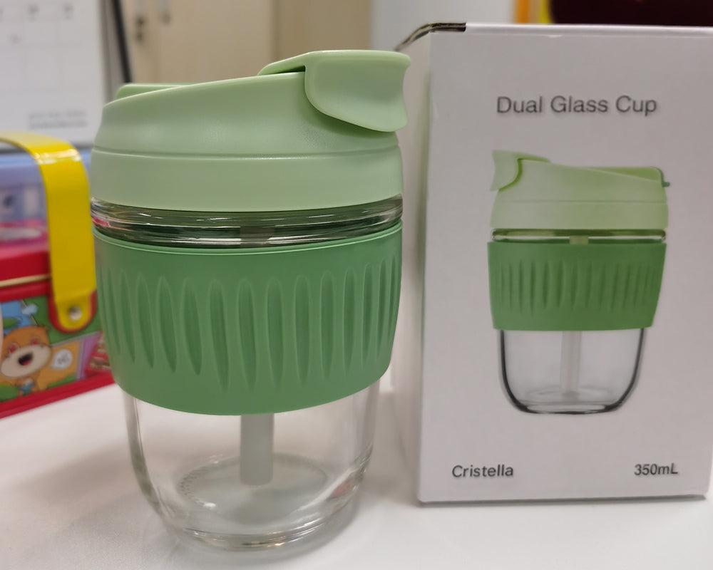 Cristella cup, coffee cup, mug with handle, anti-scalding soft silicone with glass, travel, double wall, vacuum, with lid
