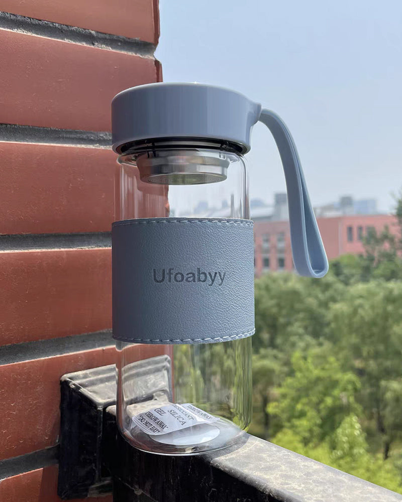 Ufoabyy Glass Tumbler - 14-Ounce, All Glass Reusable Insulated Tea/Coffee Mug & Lid, Hand Blown Glass Travel Mug