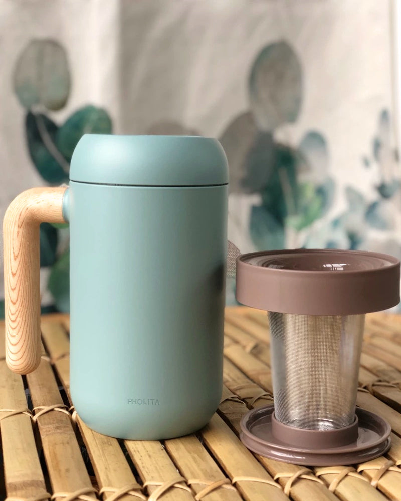 PHOLITA Cups, Wood Handle Tea Cups, Chinese Ceramic Tea Cup, with Infuser and Lid, Matte Green